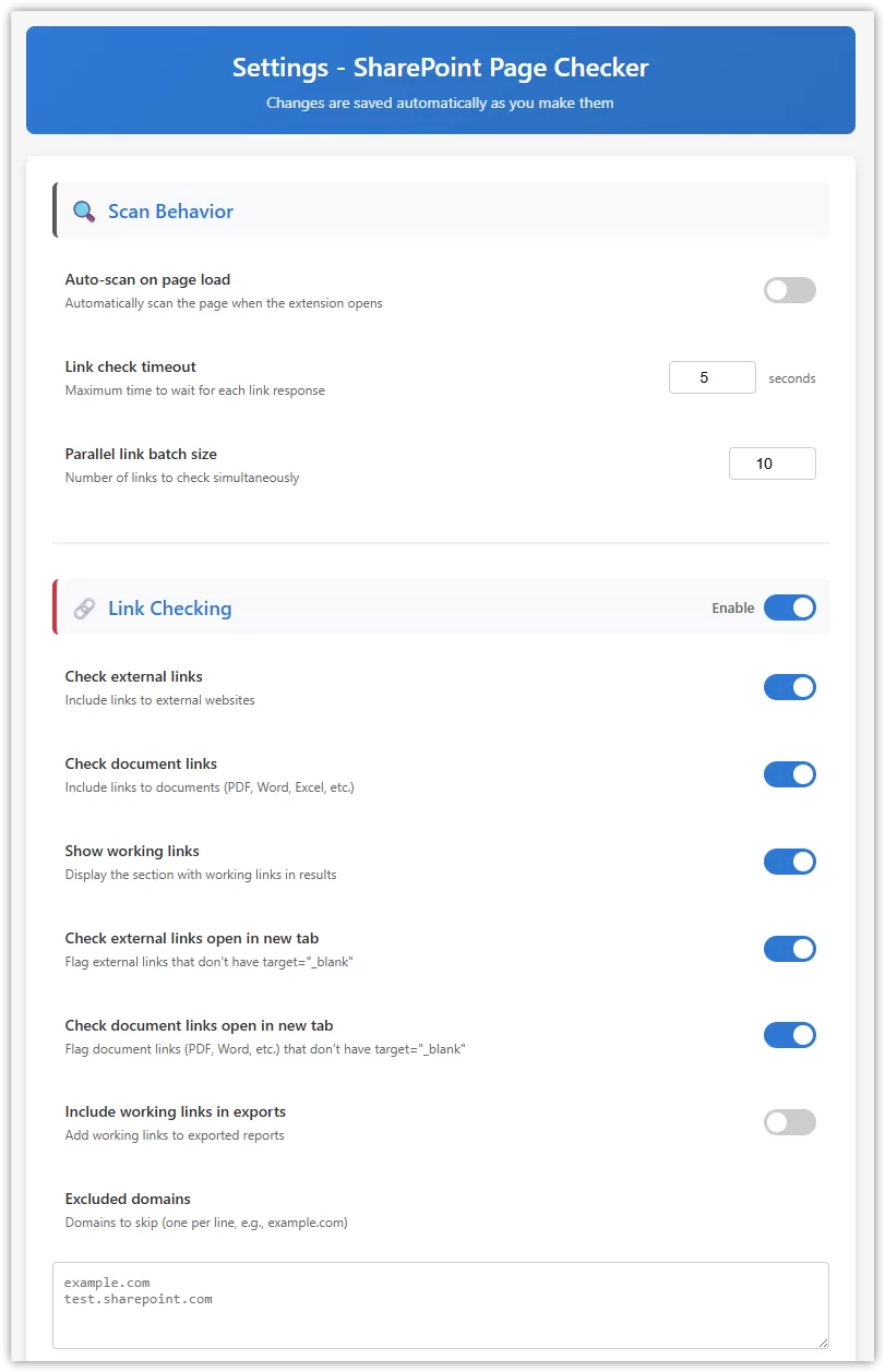 Chrome Extension SharePoint Page Checker - settings