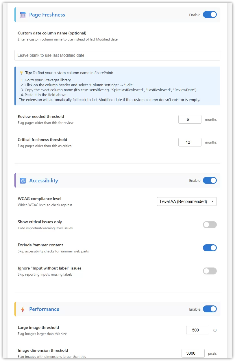 Chrome Extension SharePoint Page Checker - settings page 1
