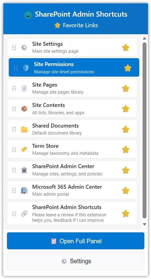 SharePoint Admin Shortcuts - Favorites drop down