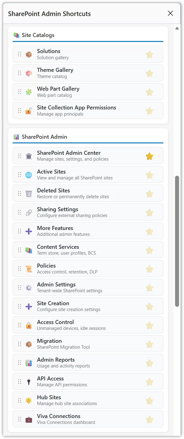 SharePoint Admin Shortcuts - Favorites drop down