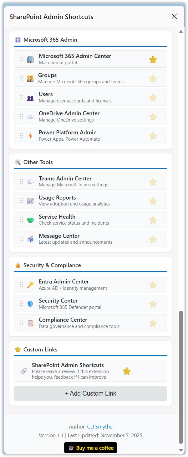 SharePoint Admin Shortcuts - Favorites drop down